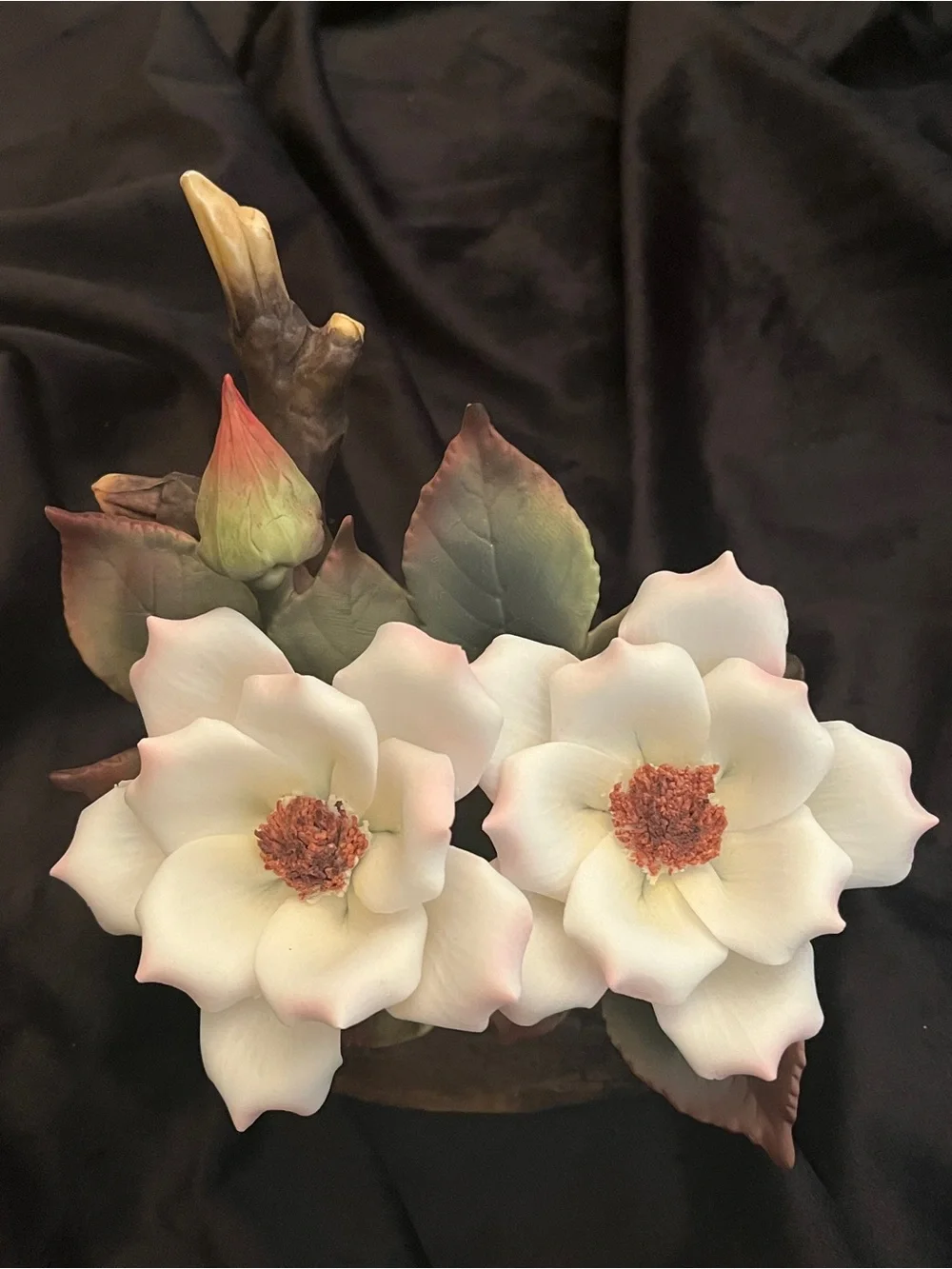 Vintage Porcelain Magnolia Flower Music Box Tree Stump Floral Figurine